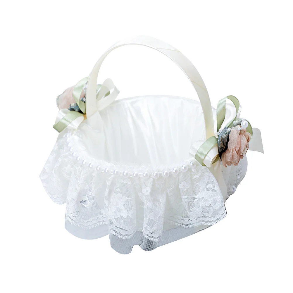 

Basket Flower Wedding Girl Lace Baskets Petal Satin Gift Candy Storage Floral Whiterustic Small Party Pearl Elegant Bowknot