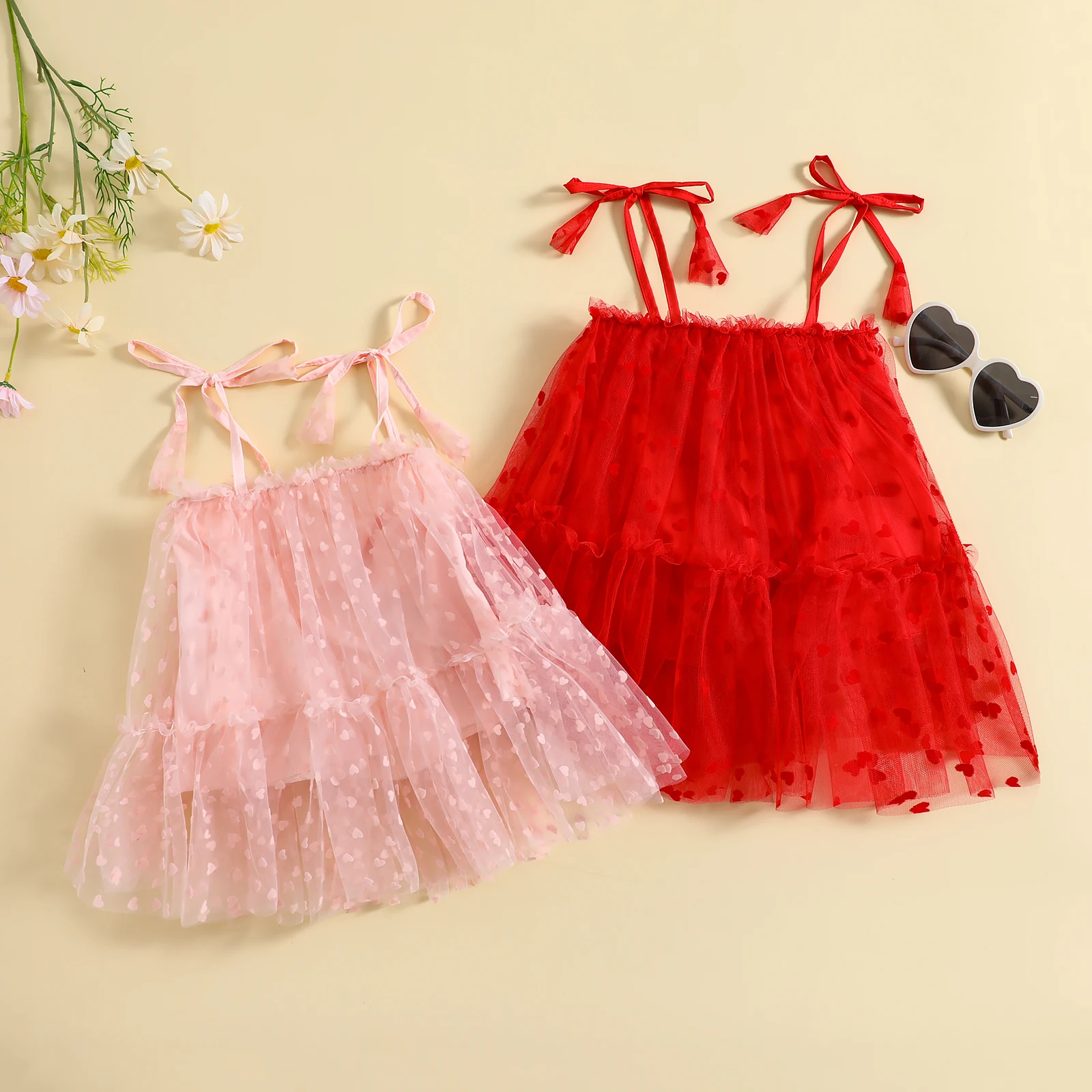 

Toddler Girls Summer Casual Sling Dress Sleeveless Backless Heart Print A-line Mesh Dress