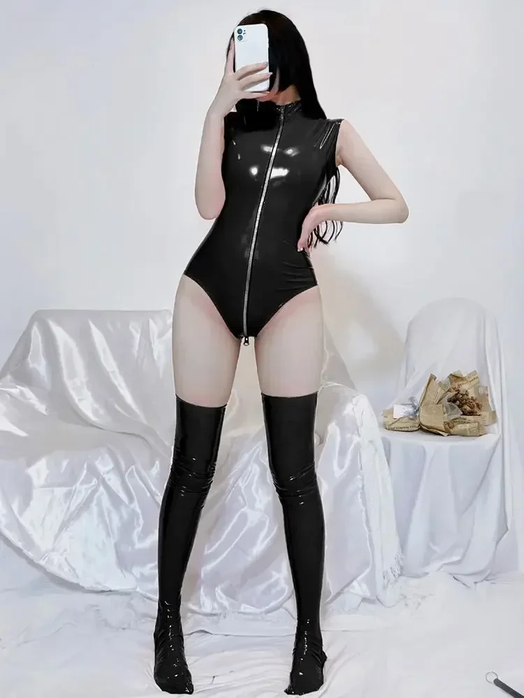 Комбинезон без рукавов с мокрым эффектом из ПВХ блестящая искусственная кожа на
