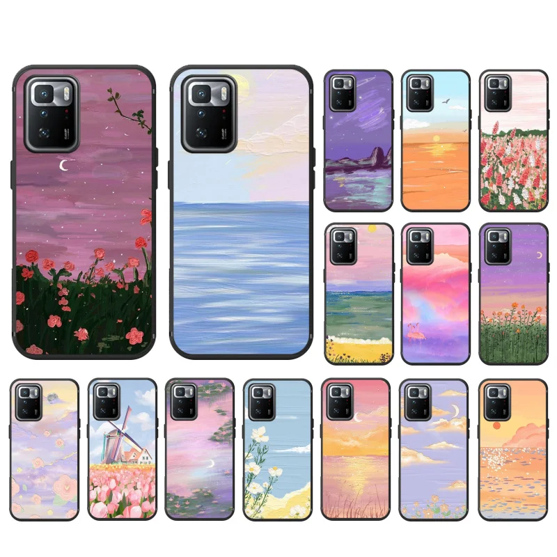 

Phone Case For Xiaomi Redmi Note 11 10 Pro Note 8 Pro 9Pro Note9 9S 10S 9T Redmi 10 9C 9A Cute Drawing Flower Sceneary Case