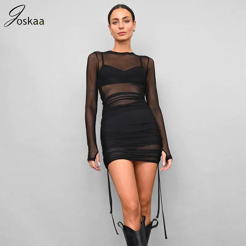 

Joskaa Mesh Drawstring Adjustable Long Short Dress Women Fashion Long Sleeve See Through O-Neck Body-Shaping Robe 2023 Clubwear