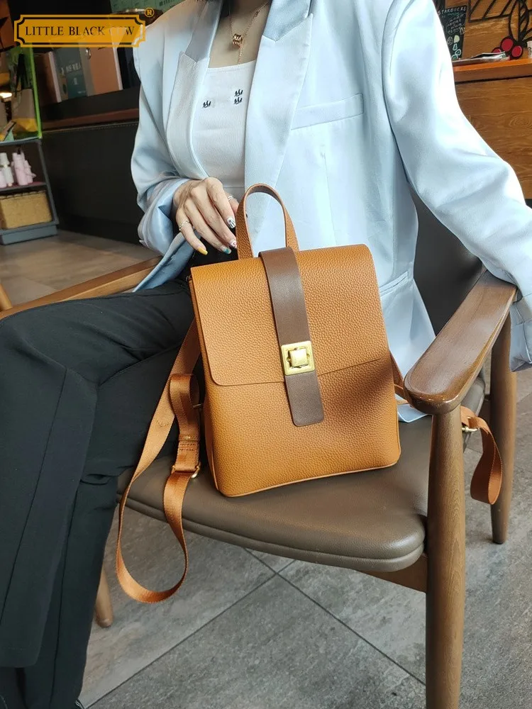 Fashion Women Softshell Cowhide Genuine Leather Backpack Elegant Ladies Casual Shoulder Bag Satchel Hasp Flap Travel Strap Bags