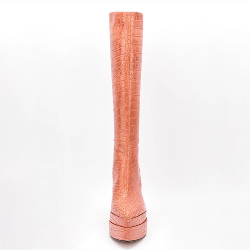Retro Pointed Toe Fashion Boots Shoes Crocodile Print Thick High Heel Platform Knee High Boots for Women Back Zipper
