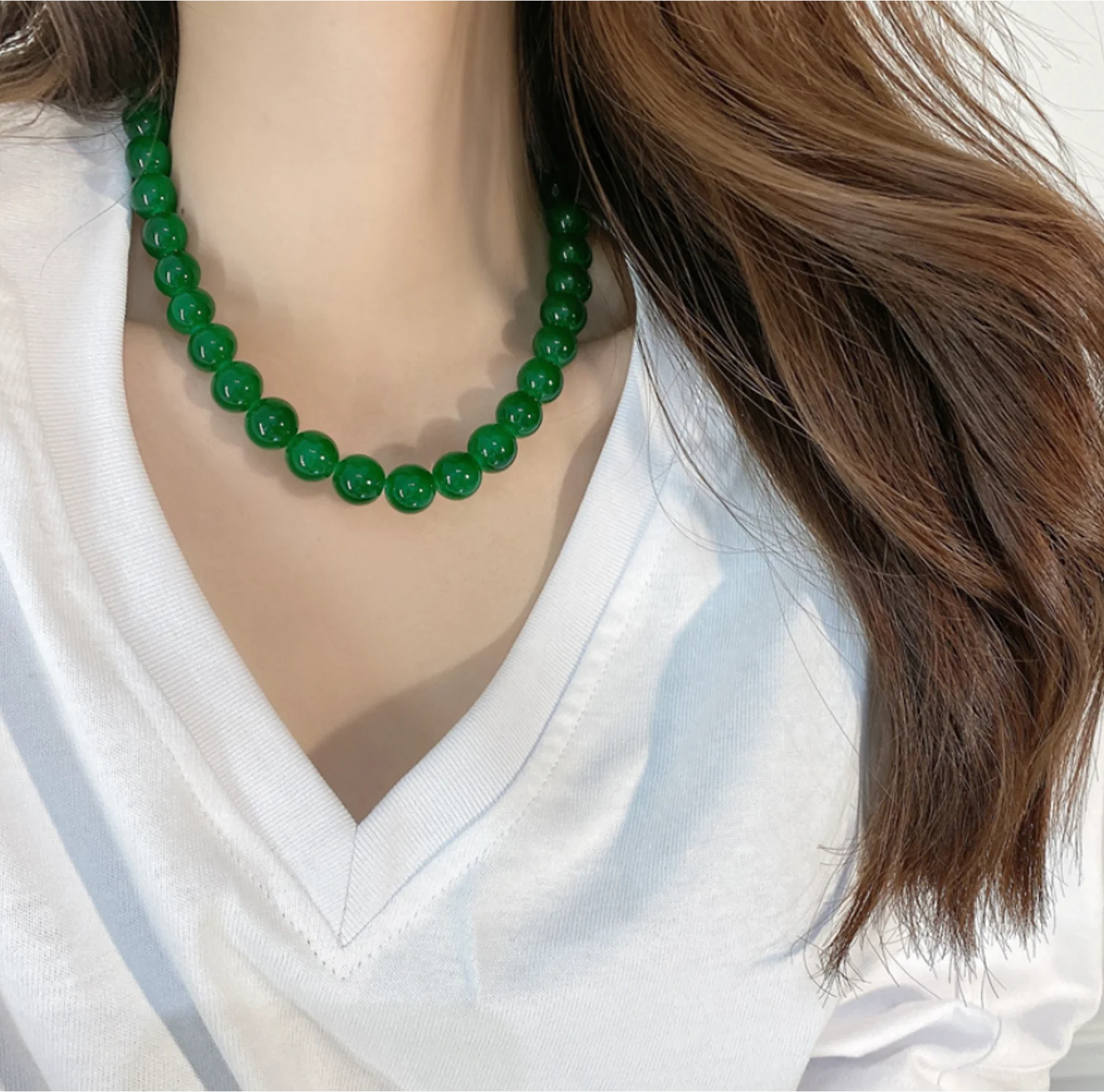 

2023 new Vintage Chinese style imitation Emerald Glass Bead Chain Necklace for women Fashion Jewelry