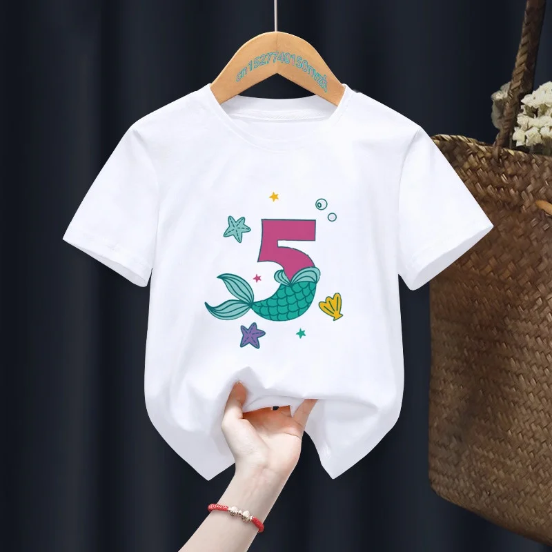 

2022 Cute Mermaid Number 2-6th Print Girls White T-shirt Kid Summer Top Kawaii Funny Little Baby Clothes Lovely Birthday Gift