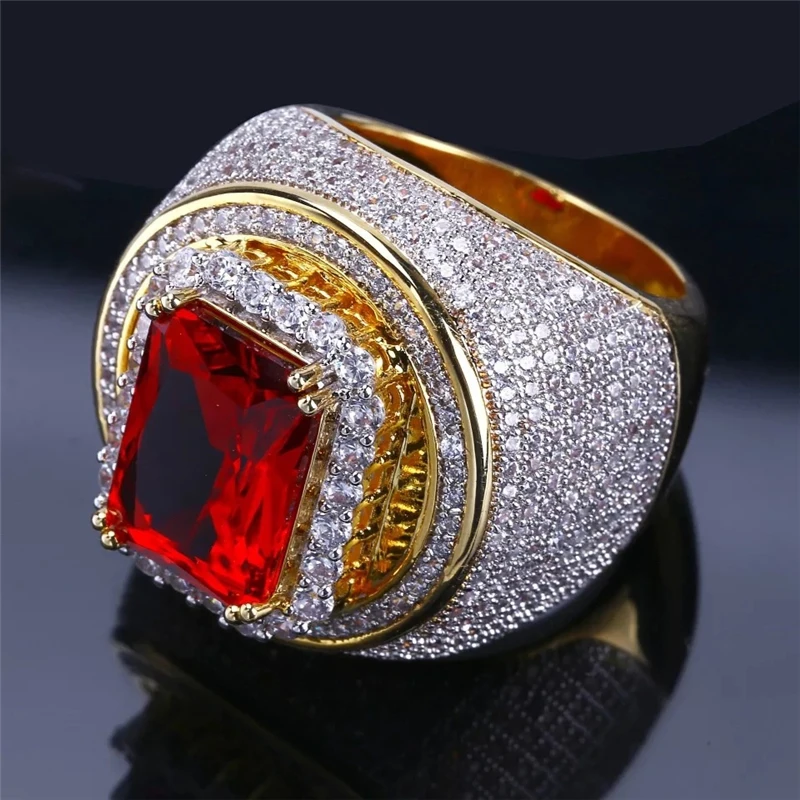 

Luxury Fashion Big Male Wide Red Glass Filled Stone Geometric Ring Luxury Yellow Iced Out Wedding Rings for Men Women Hip Hop