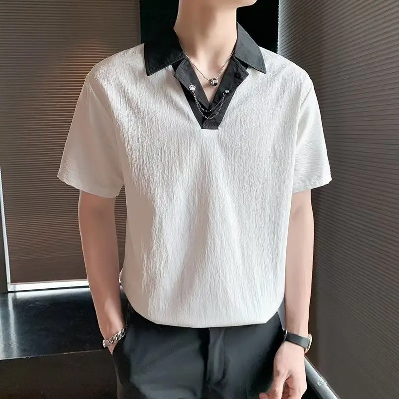 

Summer 2023 Men Korean Contrast Color Shorts Sleeve Polo Breathable Shirts Male Casual Slim Fit Business Social Shirts A174