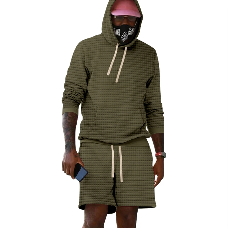 2023 Cross border Men's Loose Solid Hooded Set Loose Sports Casual Checkered Long Sleeve Drawstring Shorts Set