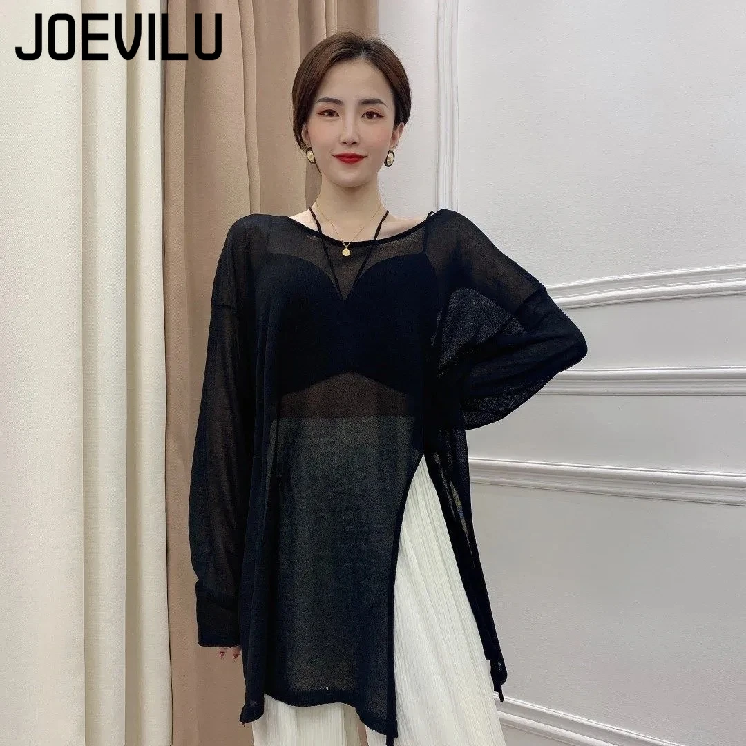 

Women Mid Length Split Tee Summer Ice Silk Sunscreen Clothing Korean Style Loose Blouses Thin Perspective Air-conditioned Shirt