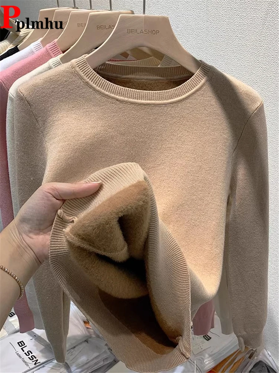 

Women Thicken Warm Knit Pullover Pink Winter Sweater Soft Plush Fleece Lined Sueter O-neck Malhas Tops New Slim Knitwear Jersey