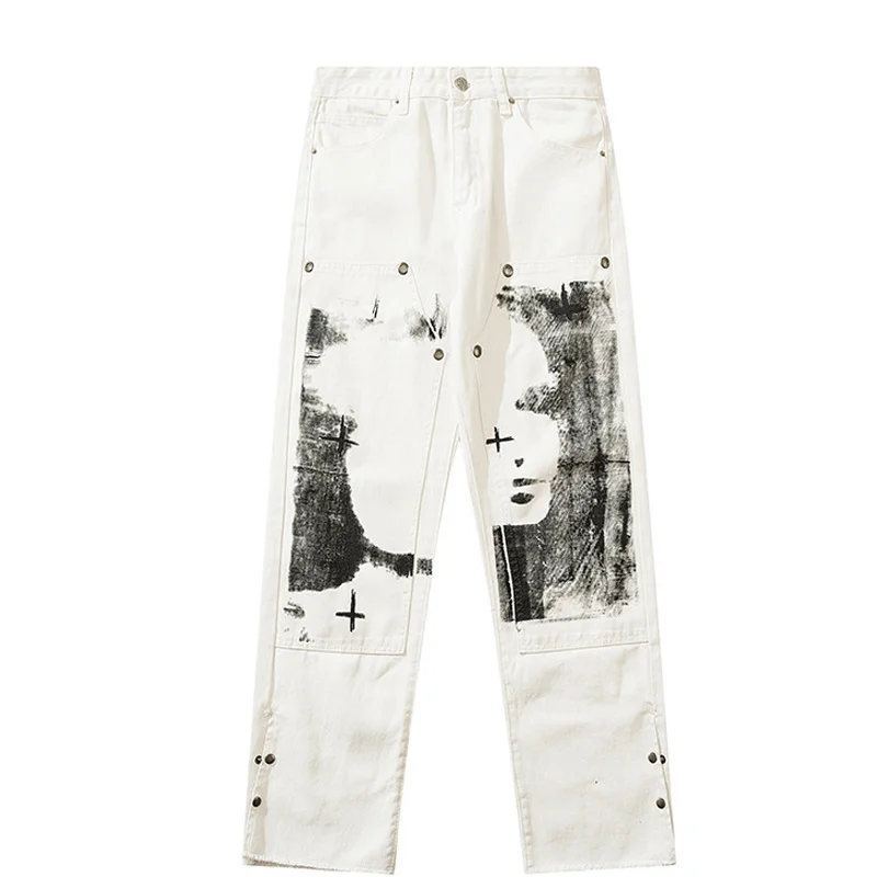 

High Street Graffiti Cargo Pants Men Hip Hop Spoof Portrait Printed Straight Trousers White Harajuku Fashion Loose Wide Leg Pant