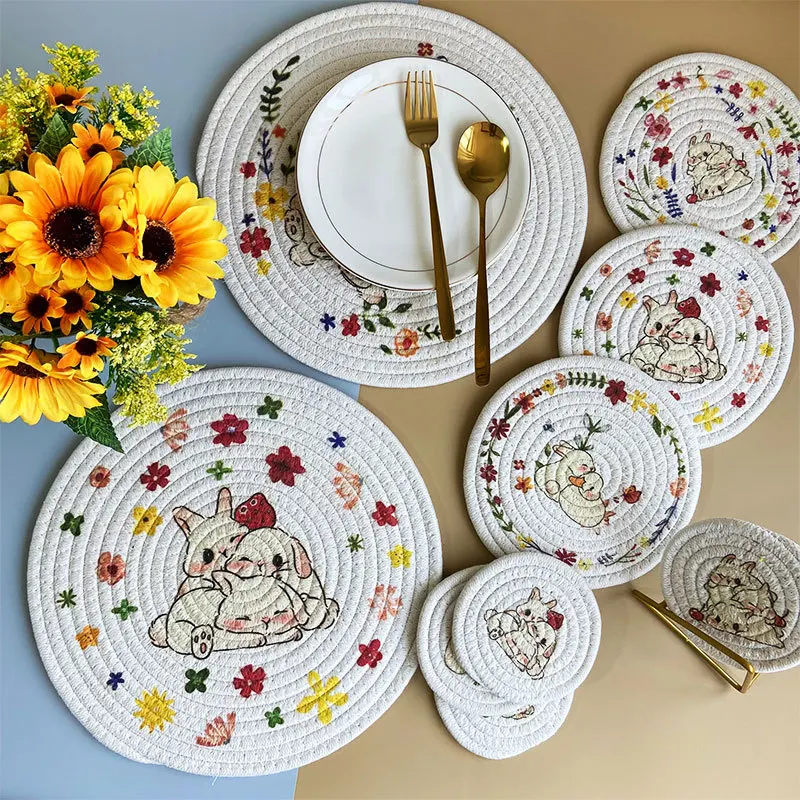

Round Rabbit Printed Table Placemat Coaster Cotton Rope Woven Heat Insulation Anti-scald Casserole Table Mat Kitchen Decorative