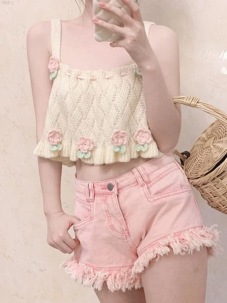 Трикотажный милый жилет Kawaii женский элегантный с цветами в японском стиле на