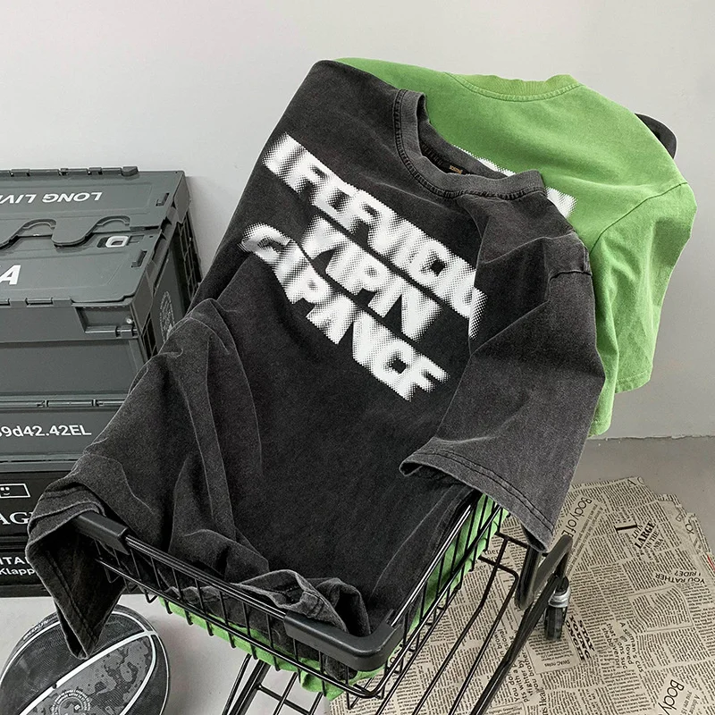 

Высококачественная промытая и изношенная футболка в американском стиле, модный бренд ins, мужской дизайн с коротким рукавом, небольшое колич...