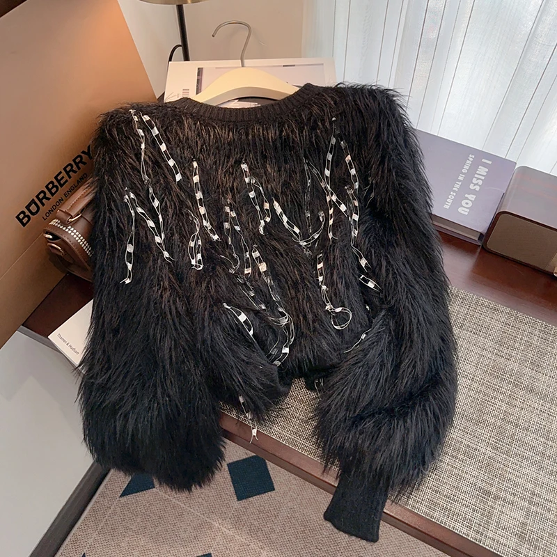 

Elegant Fashion Fluffy Pullovers Sweater Women Clothing Autumn Winter Sequined Tassel Knit Short Sweaters Cute Cashmere Jumper