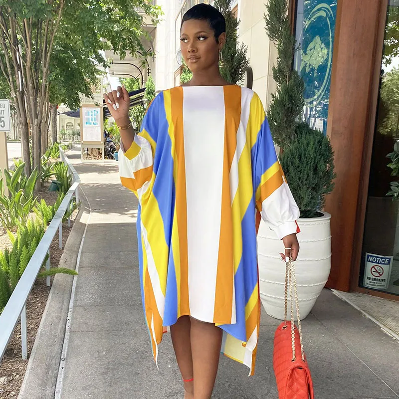 

Spring Autumn Striped Printed Loose Casual Dresses for Women Batwing Sleeve O-neck Streetwear Straight Mid-calf Party Dress