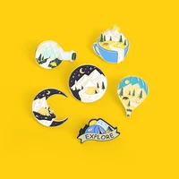 2pcs new starry sky mountain shape alloy brooch creative coffee hot air balloon modeling paint badge lapel pin