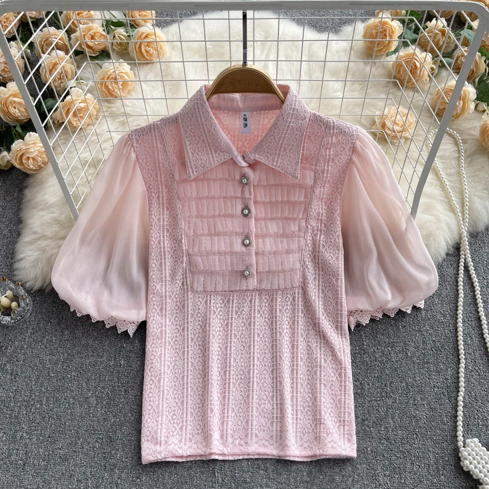 

Lapel Short Sleeve Shirt Women's Summer 2022 New Fashion Loose Slim Solid Color Lace Tops Blouse Camisas Para Mujer F238