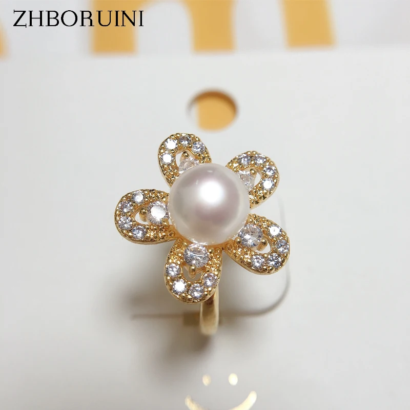 

ZHBORUINI Hot Sale 100% Real Natural Pearl Ring New Ins Exquisite Noble 14K Gold Gild Flower Zircon Ring Jewelry For Woman Gift