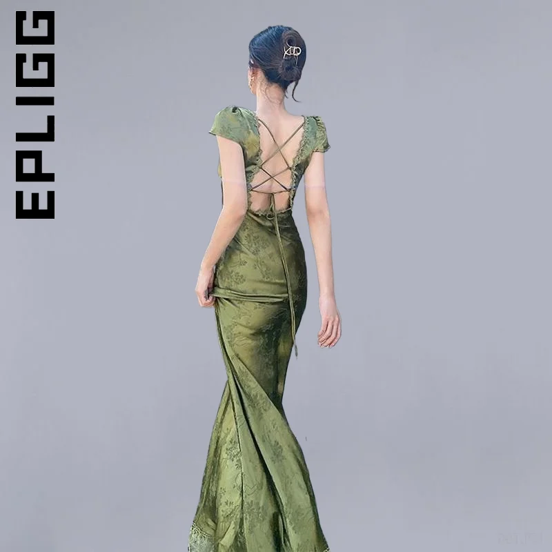 

Epligg Dress Women New Korean Robe Backless Sexy Maxi Dress Vintage Outfits Club Holiday Woman Clothes Vestidos Female