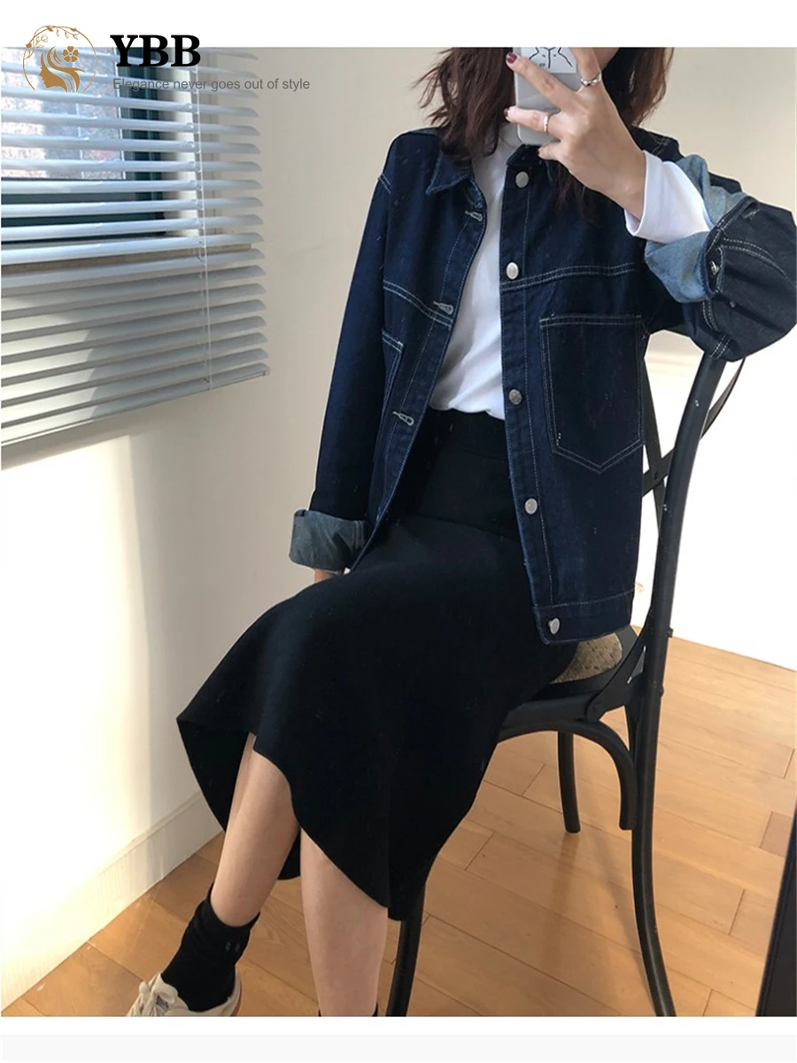 

Женская джинсовая куртка, синяя джинсовая куртка с большими карманами, в стиле ретро, весна-осень 2023