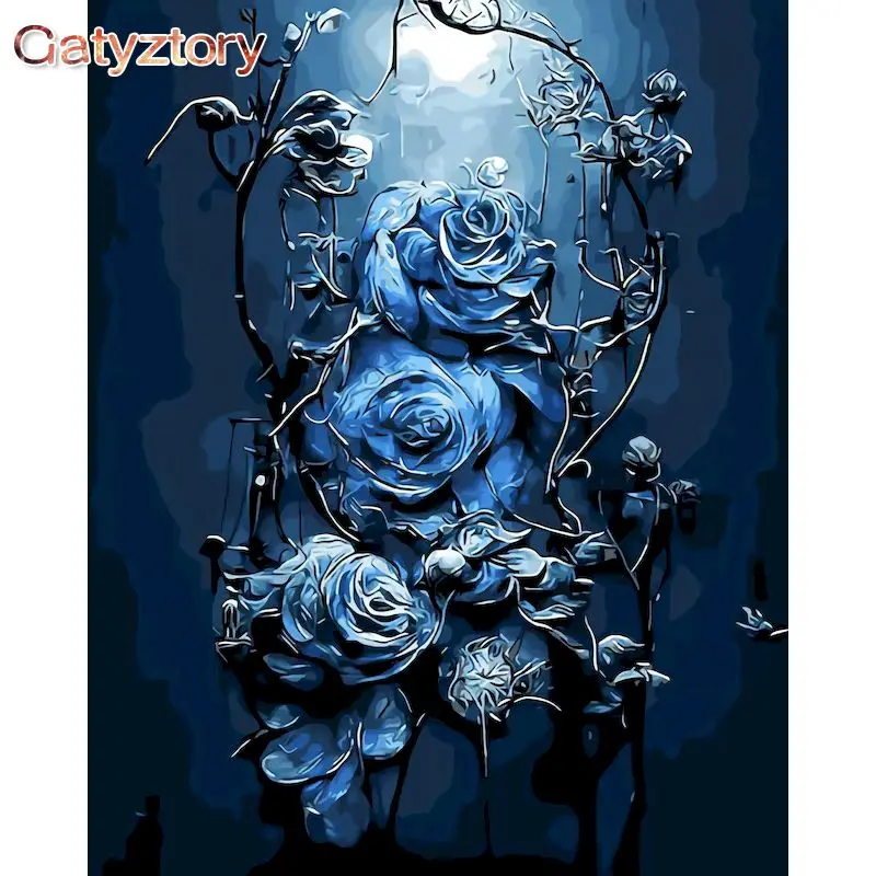 

GATYZTORY Painting By Numbers Blue Rose Flowers HandPainted Kits Drawing Canvas DIY Oil Pictures By Numbers Home Decor Gift