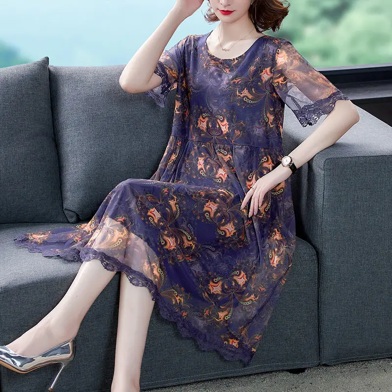 

Women 2022 Summer New Mother's Short Sleeve Gauze A-line Dresses Female Middle-aged Loose Dress Ladies O-neck Print Vestidos Q31