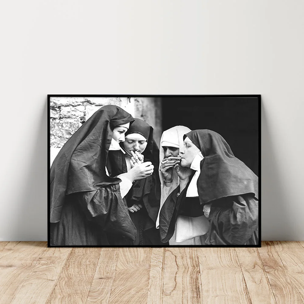 

Black White Photo Print Art Poster Nun Smoking Canvas Painting Vintage Wall Picture Living Room Bedroom Decor