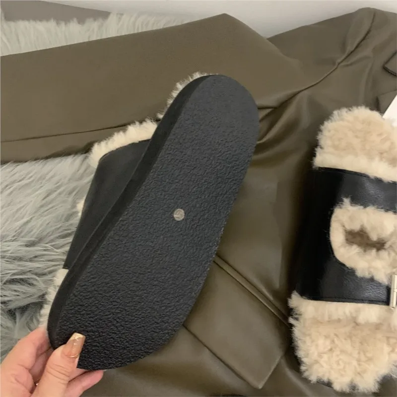 Mr Co Autumn Winter Womens Lambswool Slippers Double Belt Platform Flat Heels Buckle Shoes Soft Plush Outerwear House Slides