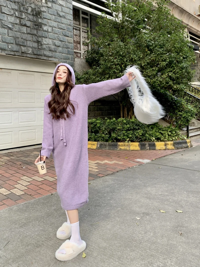 

GY1300 Vintage 2022 New Loose Fashion Medium Long Slouchy Long Sleeve Hooded Knit Dress Girl Student