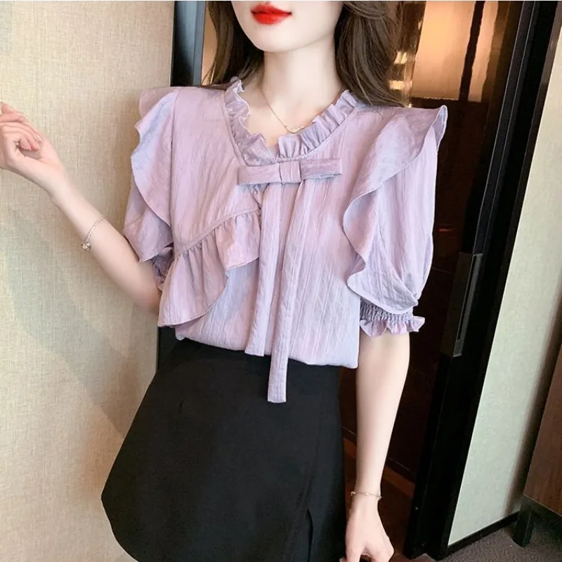 Модные шифоновые рубашки с оборками на воротнике и коротким рукавом Новинка лета