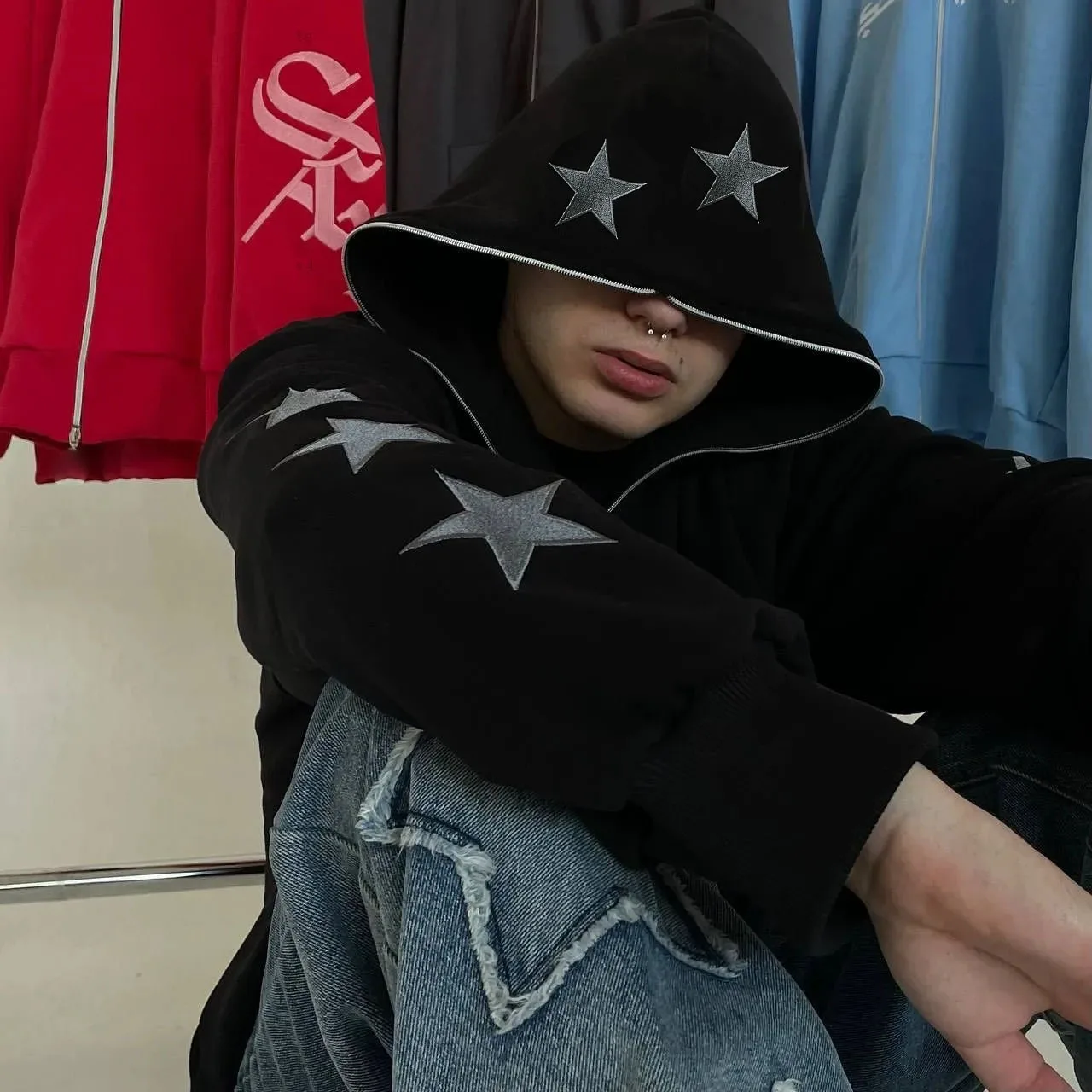 

European and American embroidered star print hooded cardigan full chain loose men and women trendy sweatshirt jacket clothing