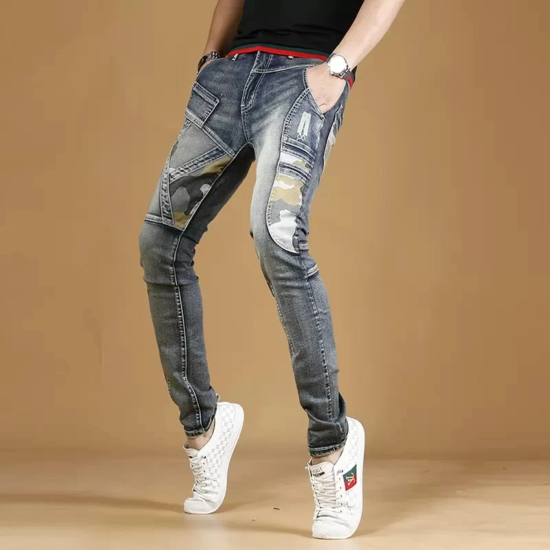 Autumn Men Blue Jeans Camouflage Patchwork Pants Streetwear Casual Slim Fit Denim Trousers