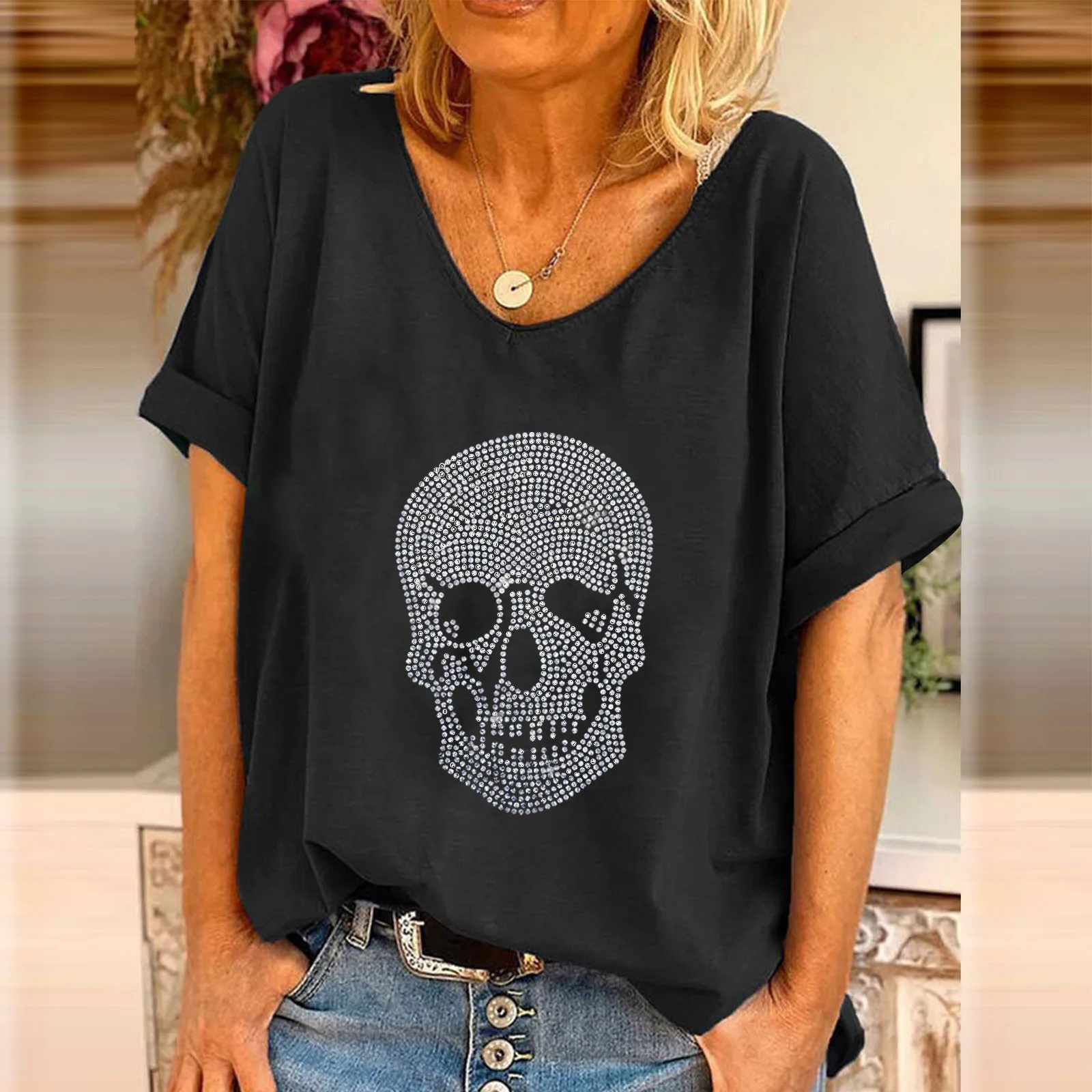 

Ladies Summer Loose Casual Punk Round Neck Print Short Sleeve Top Women Gold Shirts