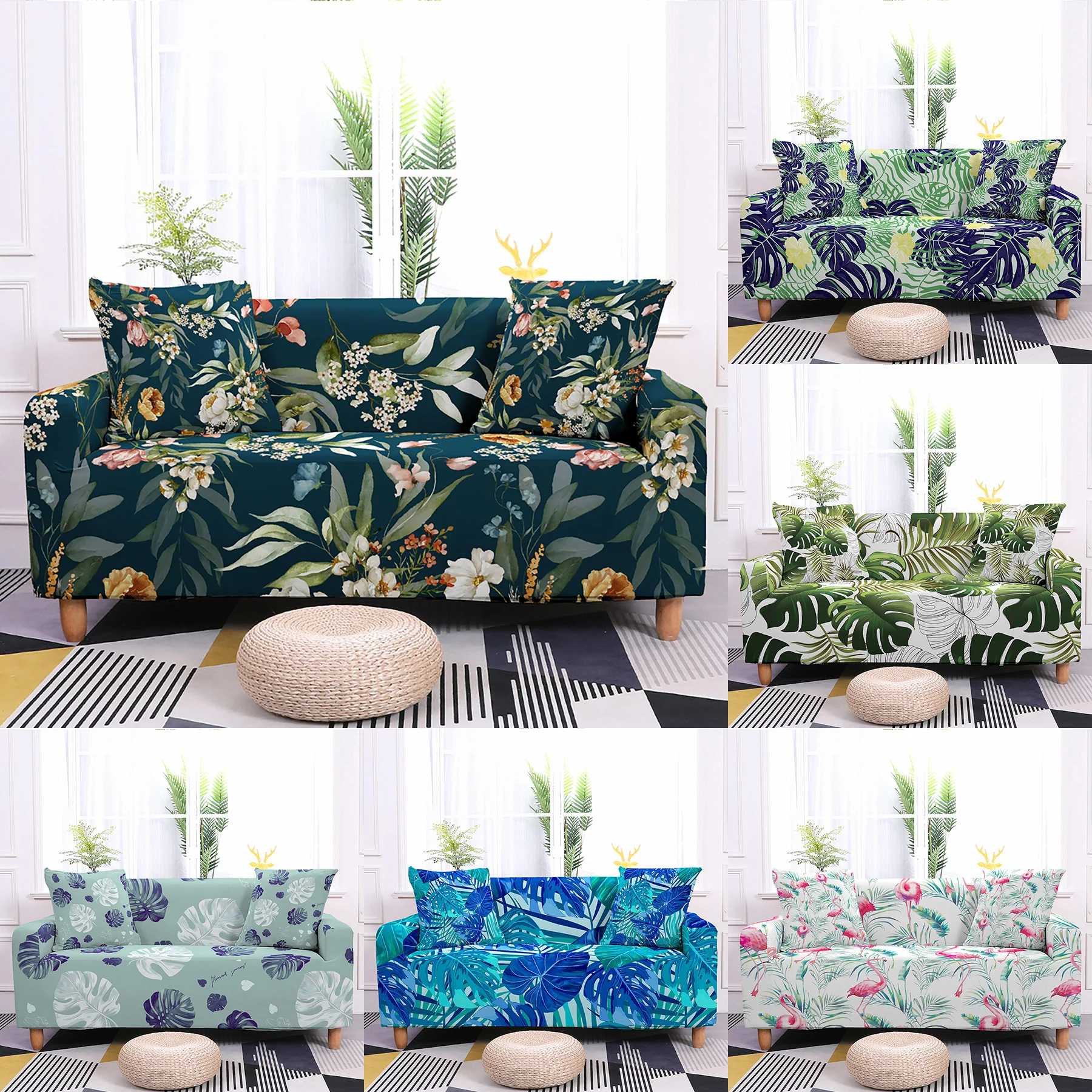 

Rainforest Leaves Sofa Silpcover Sectional Fully-wrapped Corner Sofa Cover All-inclusive Elastic Sofa Protector for Living Room