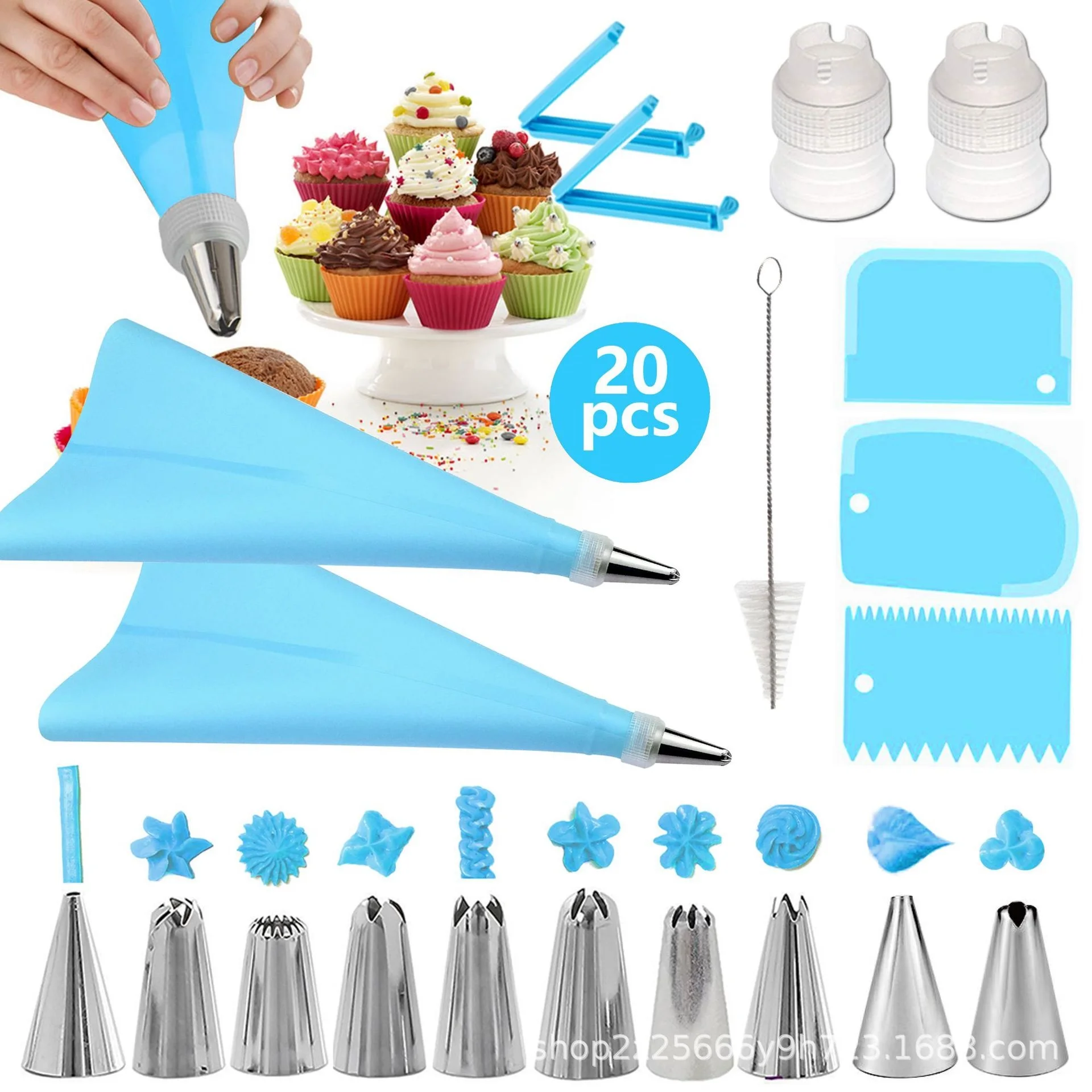 

20pcs Cake Decorating Kit Piping Tips Silicone Pastry Icing Bags Nozzles Cream Scrapers Coupler Set DIY Cake Decorating Tools