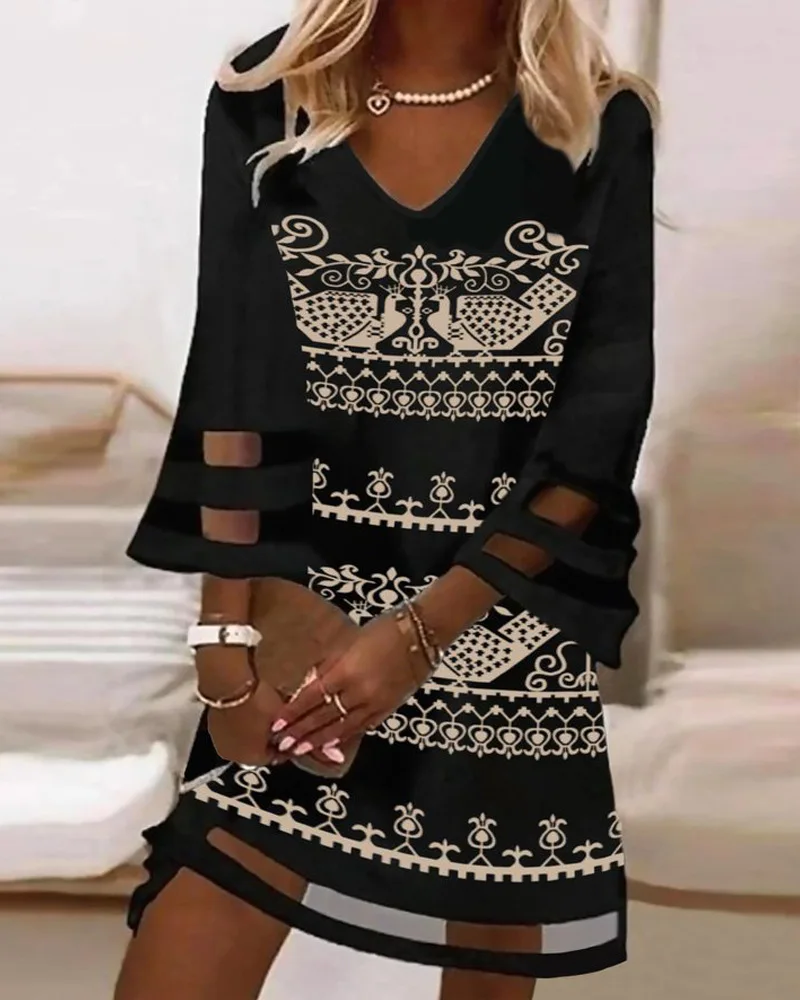 

Tribal Print Contrast Mesh Casual Dress Chic Fashion Summer Daily High Style Form-fitting Casual V-Neck Woman