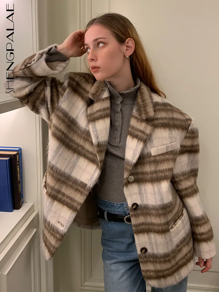 

SHENGPALAE, американский клетчатый костюм в стиле ретро, шерстяное пальто, 2023, Весенняя утепленная одежда, Офисная Женская верхняя одежда высоко...