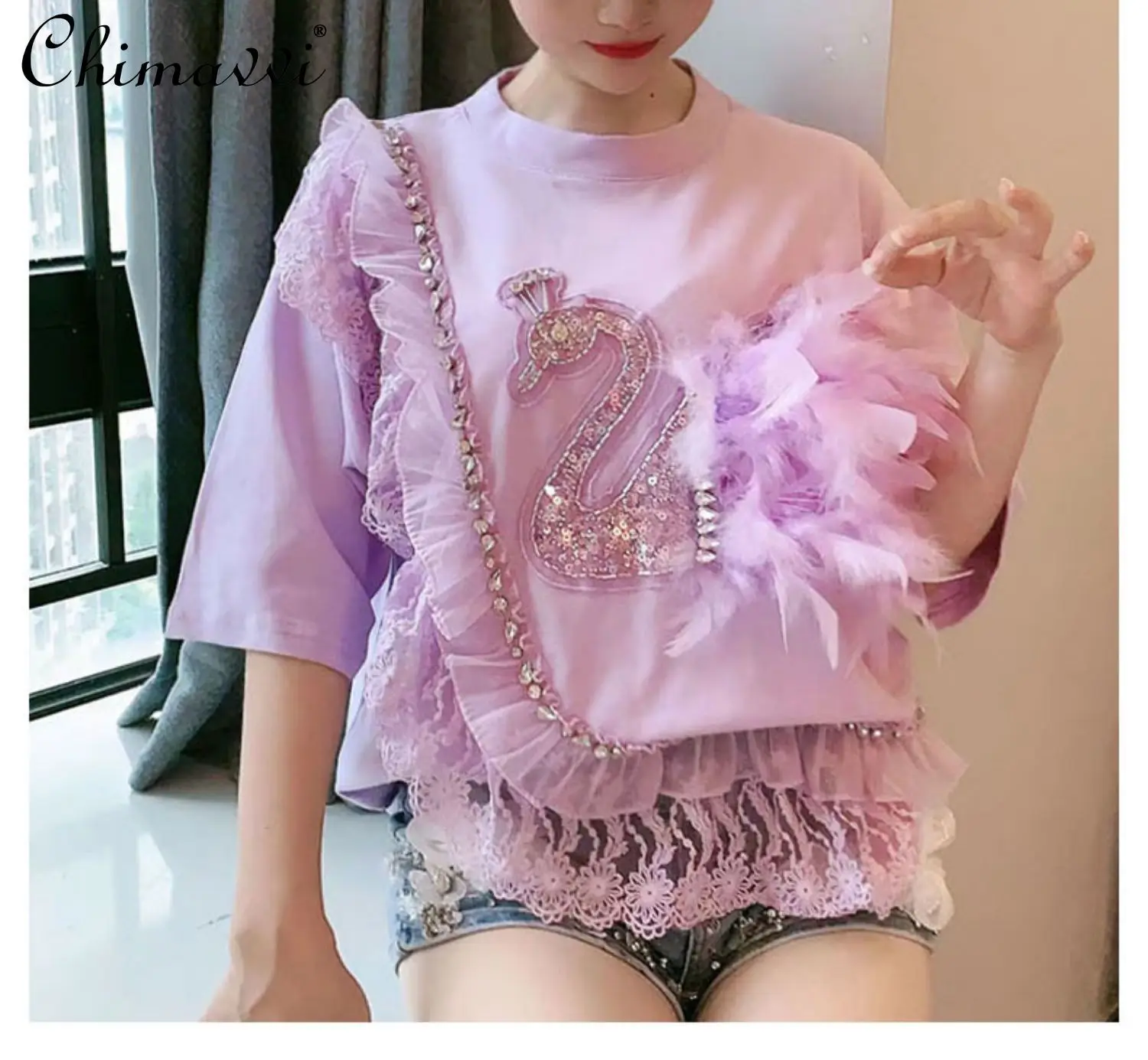 

T-shirt for Women 2022 Summer New Korean Style Sweet Heavy Embroidery Sequins Swan Design Loose Slimming Tshirt Ladies Tops