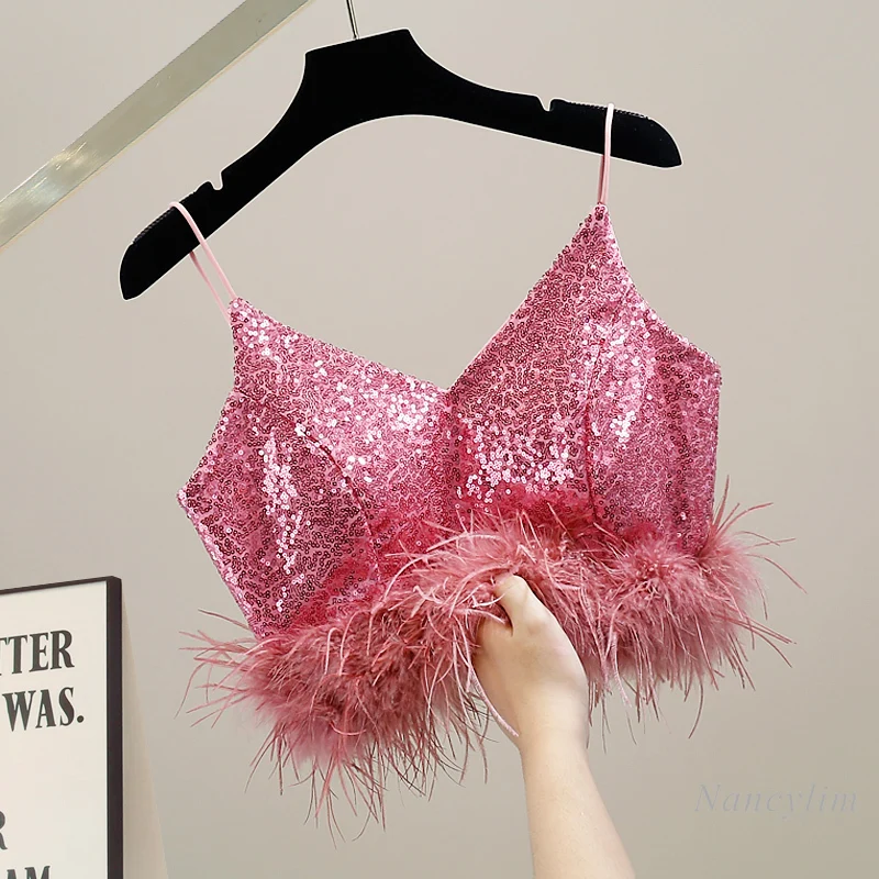

Fashion Feather Tassel Stitching Full Sequin Sling Camisole for Women 2022 Summer Crop Top Back Zipper Short Dance Show Clothing
