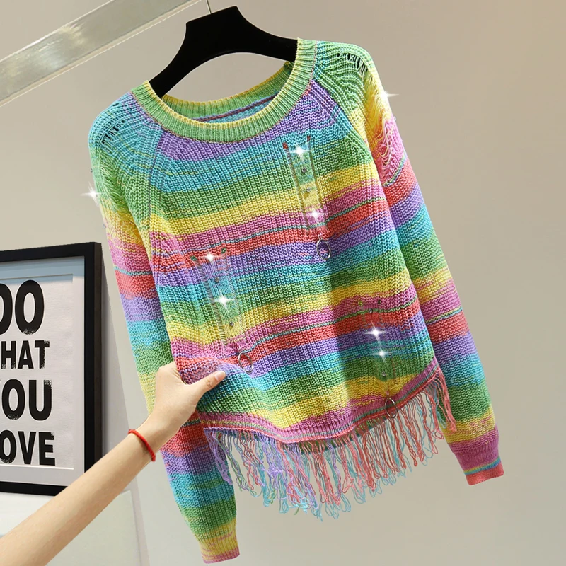 

2023 Autumn Winter New Colorful Striped Sweater Diamond-Embedded Ripped Tassel Sweater Fashion Holes Ripped Knit Pullover Jumper