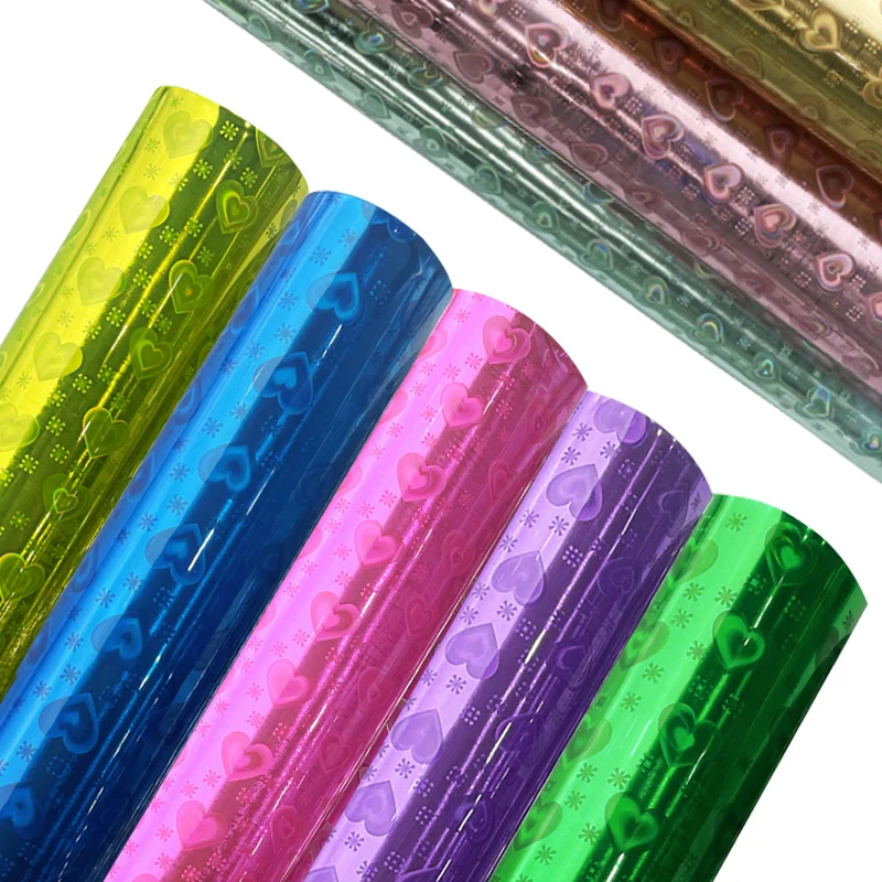 

Holographic love design patterned PVC embossed metallic faux leather fabric for home/party decor accessories gift wrapping