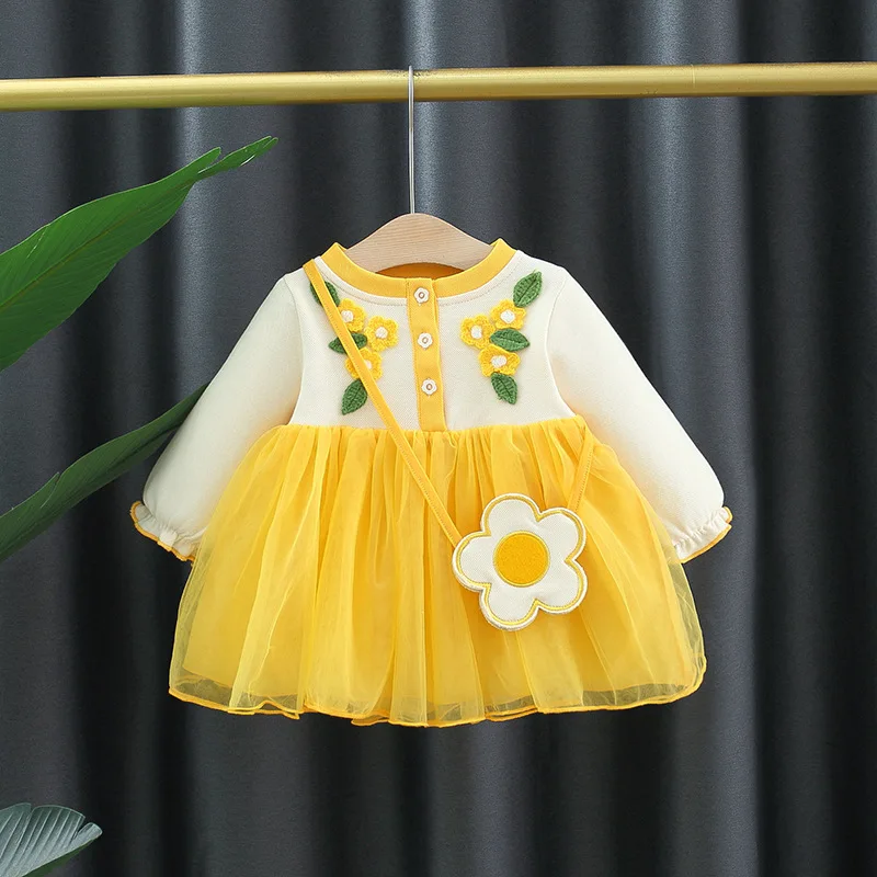 Baby dress, baby girl dress, newborn baby party dress, yellow flower dress+bag, 2-piece flower cotton newborn baby birthday