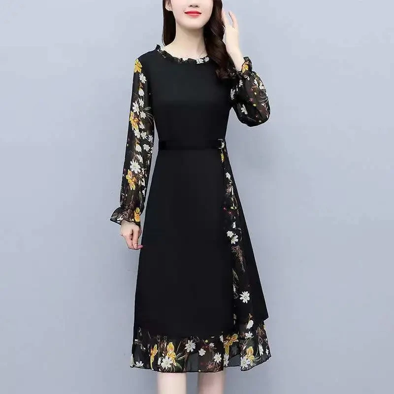 

Spring long-sleeved dress 2022 new fashion stitching floral skirt temperament waist robe longue