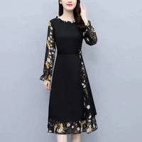 spring long sleeved dress 2022 new fashion stitching floral skirt temperament waist robe longue