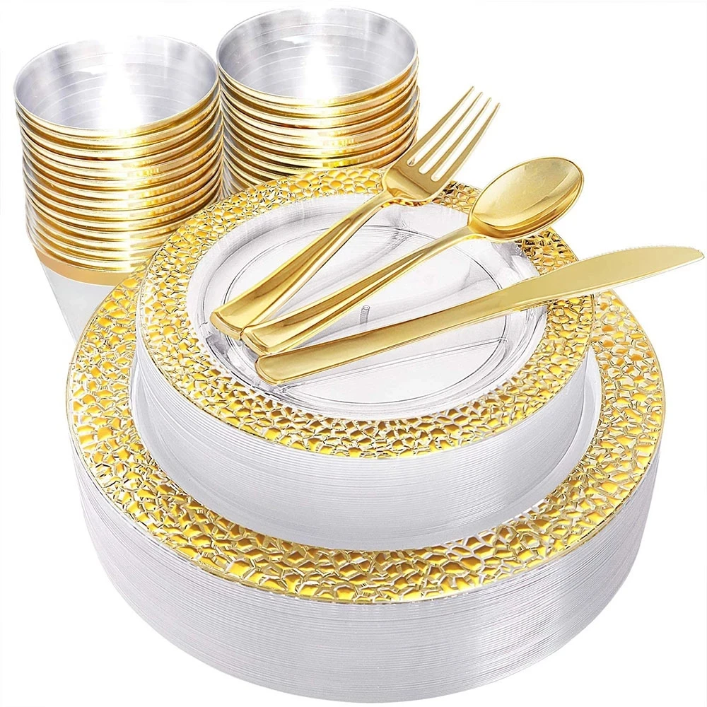 

50 Pcs Disposable Tableware Pink Green Plastic Plate With Gold Edge Suitable for High-end Wedding Mother's Day Party Supplies