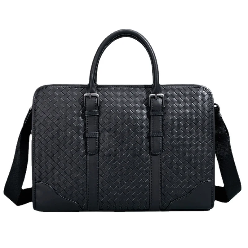 

Luxury Men's Briefcase Genuine Leather Woven Large Capacity Handbags Business Casual High-end Cowhide Laptop Bag 6C