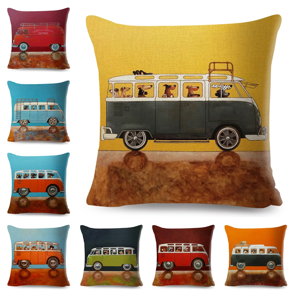 

Driving Bus Dog Cushion Cover Decor Colorful Cute Cartoon Pet Dalmatian Pillowcase Polyester Pillow Case for Car Sofa Home