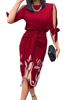 office pencil bodycon print midi dress o neck lace up pearl hollow out half sleeve summer casual slim fit split wiggle dress