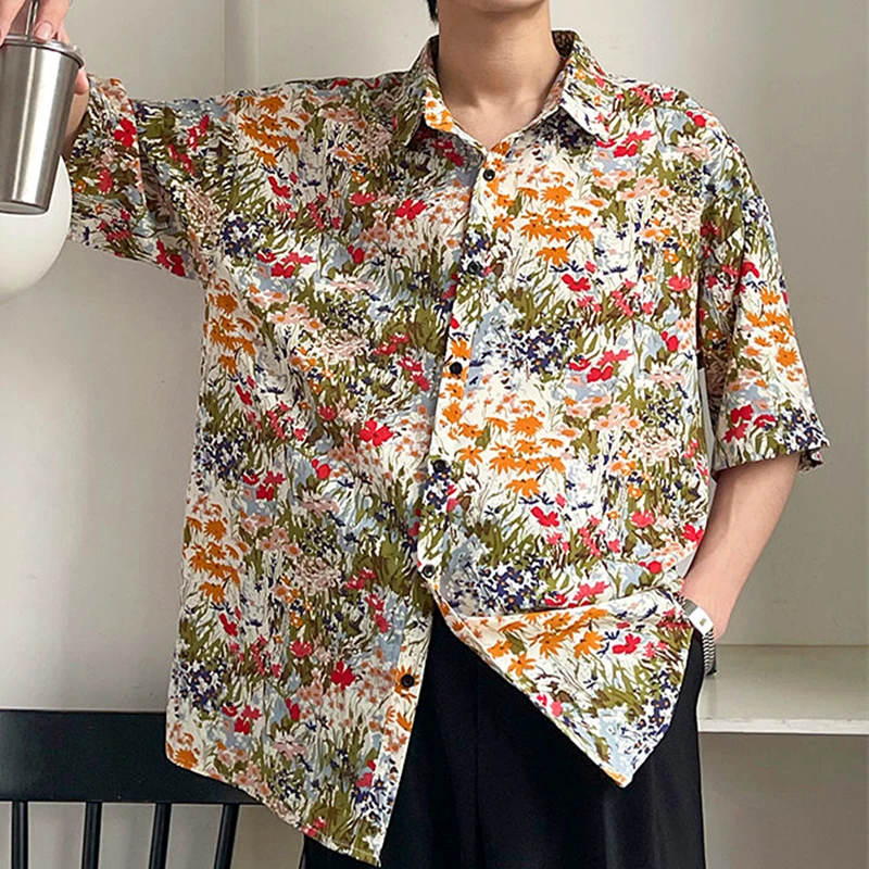 

Hip Hop Streetwear Cool Mens Oil Painting Floral Beach Button Up Shirt Cardigan Large 2XL Elegant Womens Tops Fashion Hawaiian